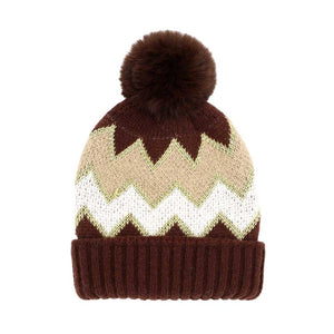 Brown Zigzag Chevron Patterned Fuzzy Fleece Pom Pom Beanie Hat, wear this beautiful beanie hat with any ensemble for the perfect finish before running out the door into the cool air. An awesome winter gift accessory and the perfect gift item for Birthdays, Christmas, holidays, anniversaries, Valentine's Day, etc.