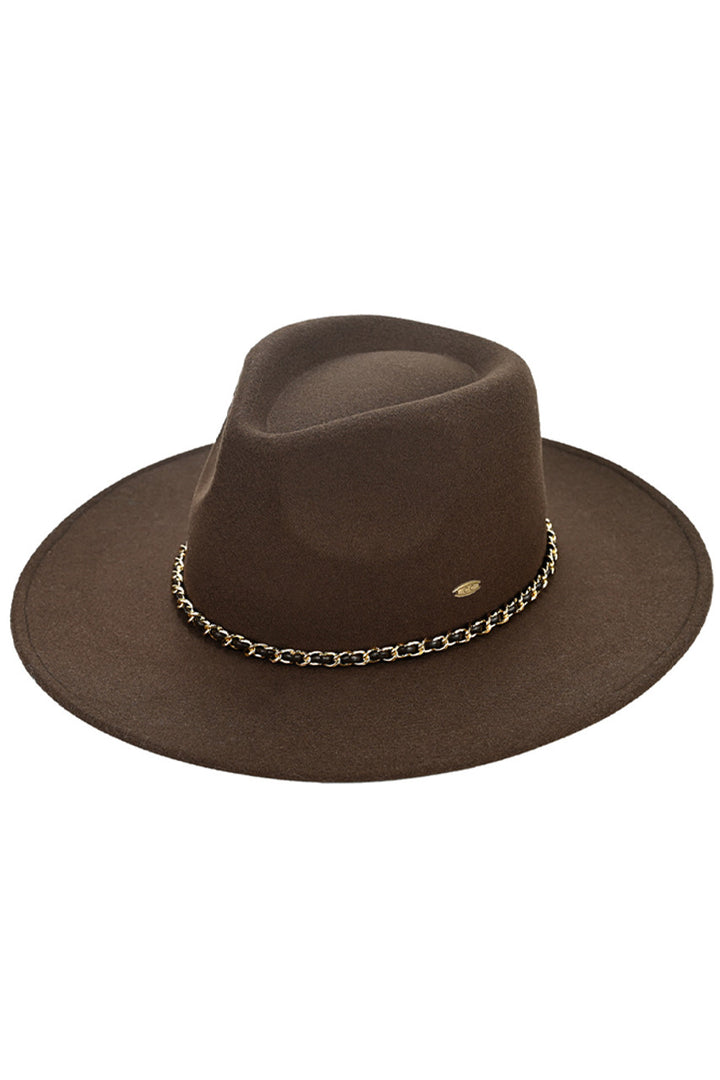 Brown C.C Chain Trim Band Vegan Felt Panama Hat is a stylish and sustainable accessory. Made with vegan felt, it features a trendy chain trim band for added flair. Protect your skin from the sun while making a fashion statement.