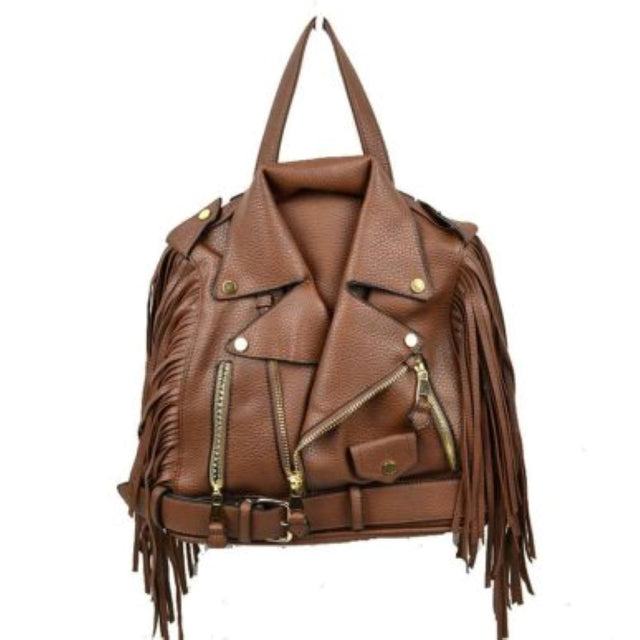 Brown This statement-making backpack features an edgy, novelty design shaped like a classic motorcycle jacket in a rich brown pebbled faux leather. Packed with authentic details, it showcases notched lapels with gold-tone snaps, decorative asymmetrical zippers, a faux flap pocket, and a buckled belt wrapping around the bottom. Dramatic, long fringe trim lines the sides for eye-catching movement. Complete with a top grab handle and adjustable shoulder straps