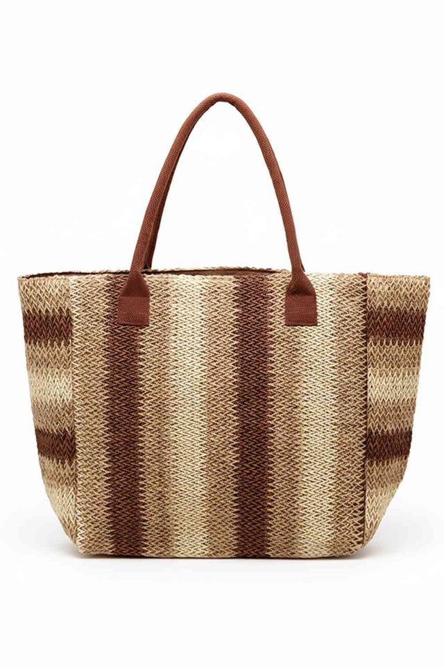 Brown Carry your essentials in style with this Multi Stripe Pattern Natural Brown Straw Tote Bag. Crafted from 100% paper, this spacious bag measures 21" x 14" x 6" and features a vibrant multi-color stripe design against a natural brown base. The magnetic snap closure keeps your belongings secure, while the convenient inner pocket provides organized storage. Perfect for beach trips, shopping, or everyday use.