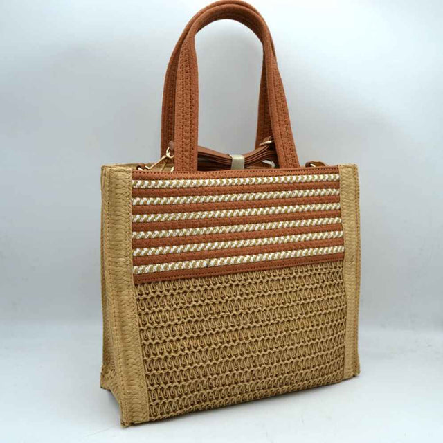 Brown Upgrade your warm-weather wardrobe with this beautifully detailed, structured woven straw tote bag. Perfectly capturing a laid-back, bohemian resort aesthetic, this spacious handbag is ideal for beach getaways, weekend markets, or adding an effortlessly chic touch to your everyday outfits.