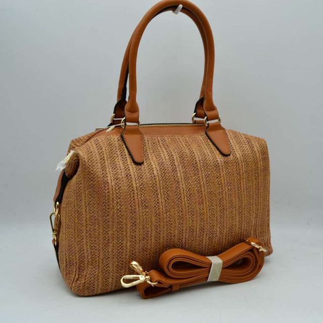Brown Bring a touch of effortless resort charm to your everyday look with this beautifully detailed woven straw satchel bag. Featuring a classic, roomy Boston-bag silhouette mixed with natural bohemian textures, this bag is perfect for summer vacations, weekend getaways, or chic city outings