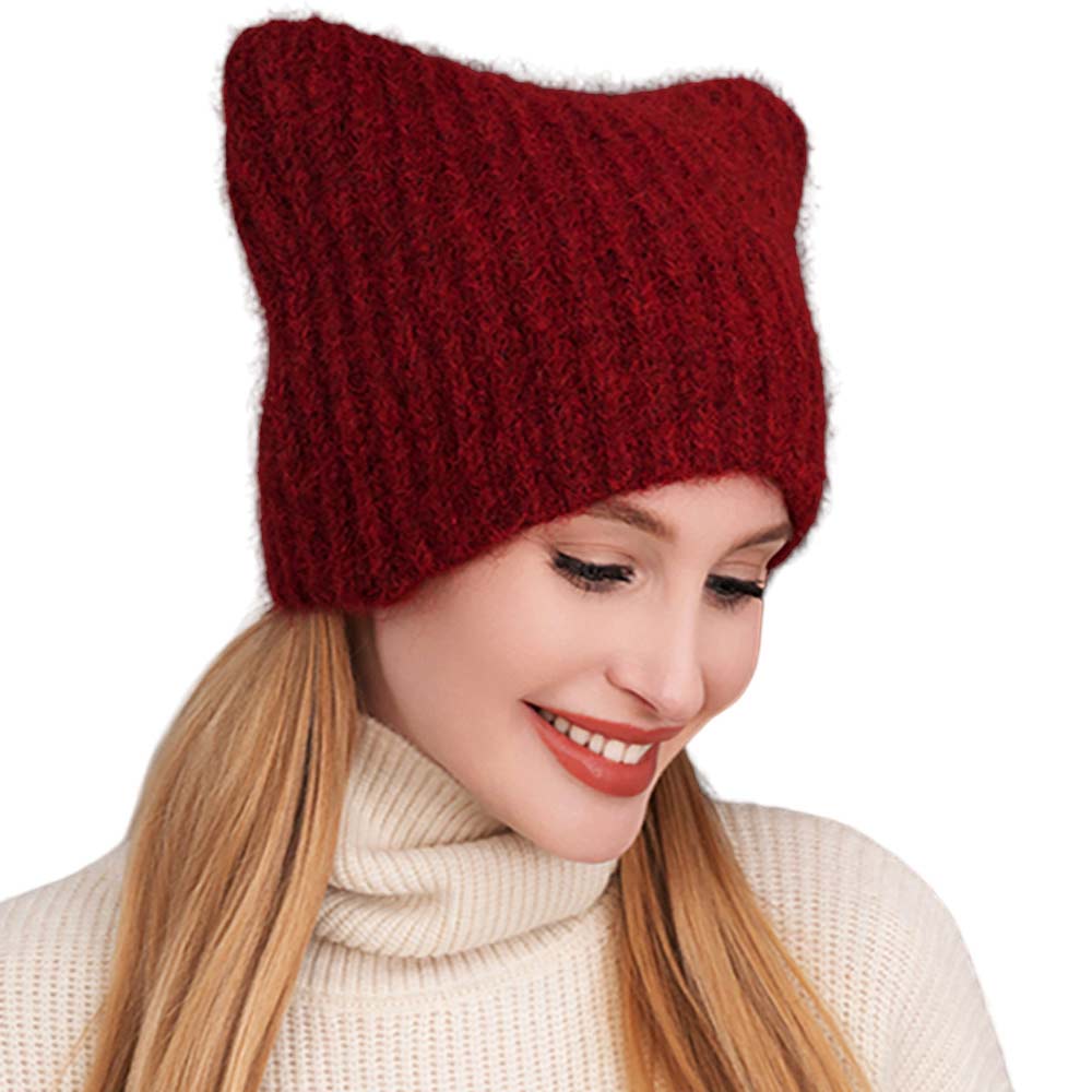Burgundy Cat Knit Beanie Hat, Stay warm this winter with these hats! This knitted beanie is made from high-quality polyester for maximum insulation and durability. It features a fashionable and fun cat design, perfect for any cat lover. A perfect gift choice for your close people in the winter season.
