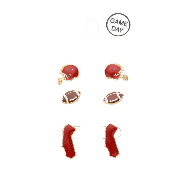 Burgundy 3Pairs Game Day University of Southern California Helmet Football State Map Stud Earrings. Be a part of the team with these earrings. Ideal gift for sports lovers, batchmates, senior & junior supporters of the team, friends, and yourself. Appear in style with these earrings on the game arena.