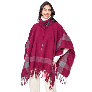 Burgundy Bordered Fringe Open Cape Ruana Poncho, This luxurious poncho features a chic bordered fringe, making it perfect for any occasion. Crafted from soft, comfortable fabric, this poncho will keep you feeling cozy and looking stylish. Excellent winter gift choice!