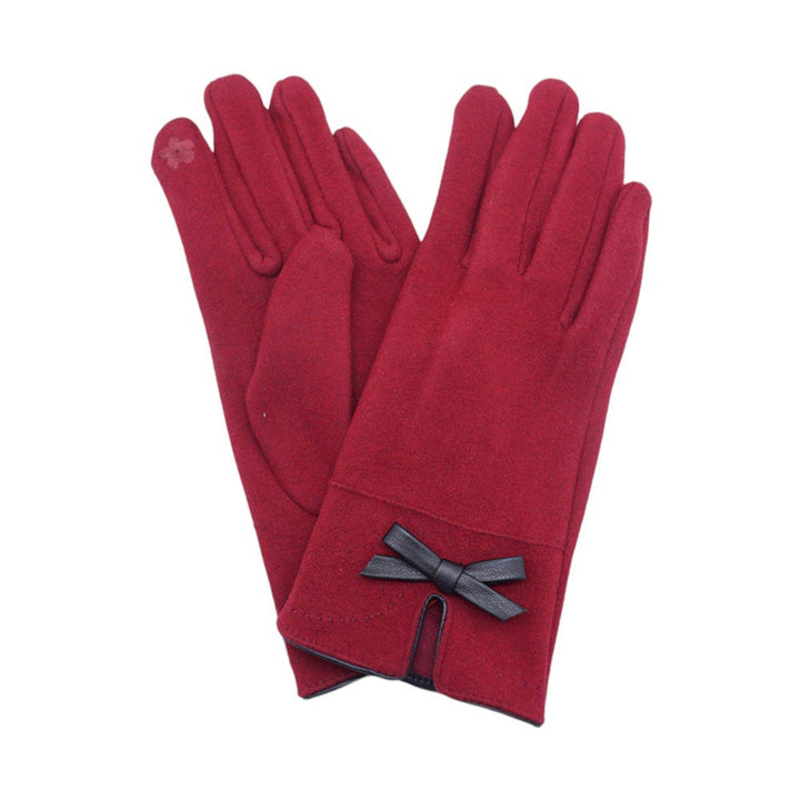 Burgundy-Bow Pointed Faux Suede Smart Touch Gloves , Crafted with soft faux suede and a charming bow detail, these gloves also feature touch screen compatibility for easy use of your devices. Stay warm and connected this winter with these versatile and chic gloves.