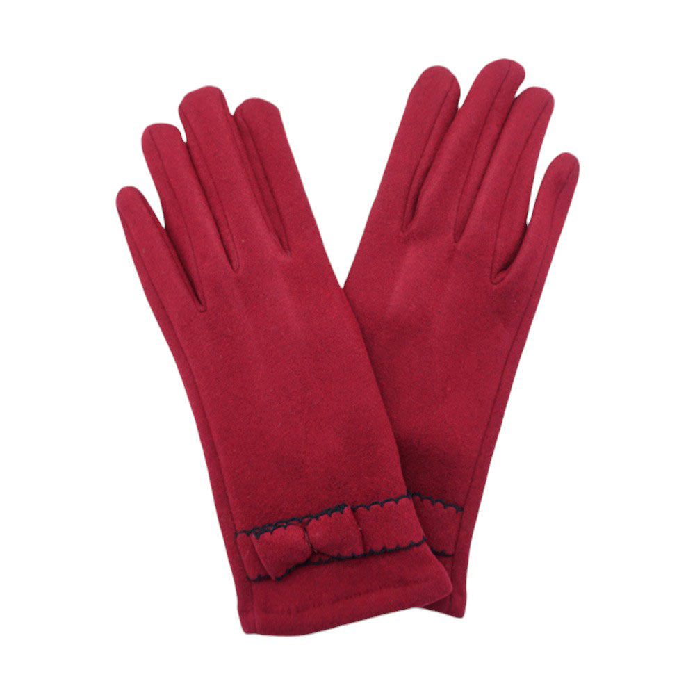 Burgundy-Bow Pointed Faux Suede Smart Touch Gloves, Perfect blend of fashion and function. With the added benefit of being smart touch compatible, you can easily use your phone or tablet while keeping your hands warm. The stylish bow and pointed design add a touch of elegance to any outfit.