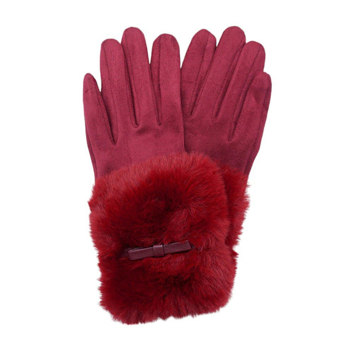 Burgundy-Bow Pointed Fuzzy Fur Collar Suede Smart Touch Gloves, Added touch of a bow and fuzzy fur collar makes them the perfect accessory for any outfit. Plus, with smart touch technology, you can easily use your phone while keeping your hands cozy. Experience the ultimate combination of fashion and functionality. 