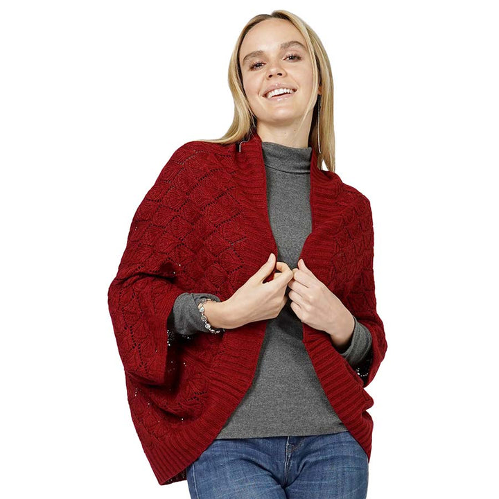 Burgundy Diamond Knit Shrug Vest, with the latest trend in ladies' outfit cover-up! The high-quality poncho is soft and comfortable. Stay protected from the chilly weather while taking your elegant looks to a whole new level with an eye-catching, luxurious casual outfit for women! A fantastic gift for your friends or family.