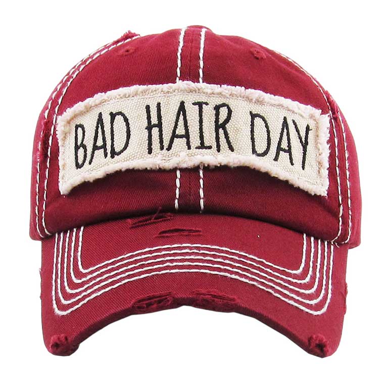 Burgundy Distressed Bad Hair Day Baseball Cap, cool vintage cap turns your bad hair day into a good day. The distressed frayed style with faded color, embroidered patch and contrast stitching baseball cap with fun statement will become your favorite cap. Perfect Birthday Gift, Mother's Day Gift, Anniversary Gift, Thank you Gift