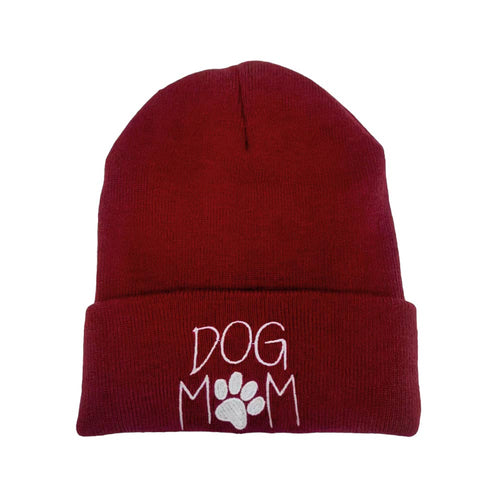 Dog Mom Message Paw Pointed Solid Knit Beanie Hat - Burgundy