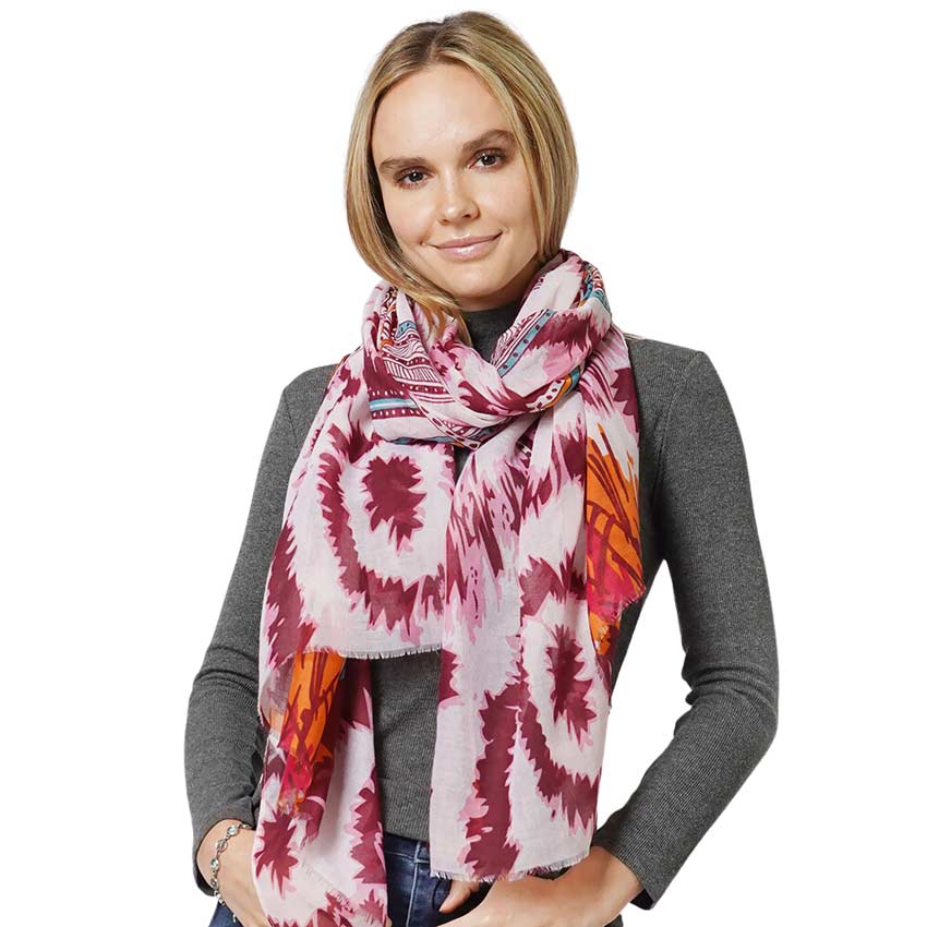 Burgundy Ethnic Printed Scarf, this timeless ethnic printed scarf is a soft, lightweight, and breathable fabric, close to the skin, and comfortable to wear. Sophisticated, flattering, and cozy. Look perfectly breezy and laid-back as you head to the beach. Perfect gift for birthdays, holidays, or fun nights out.
