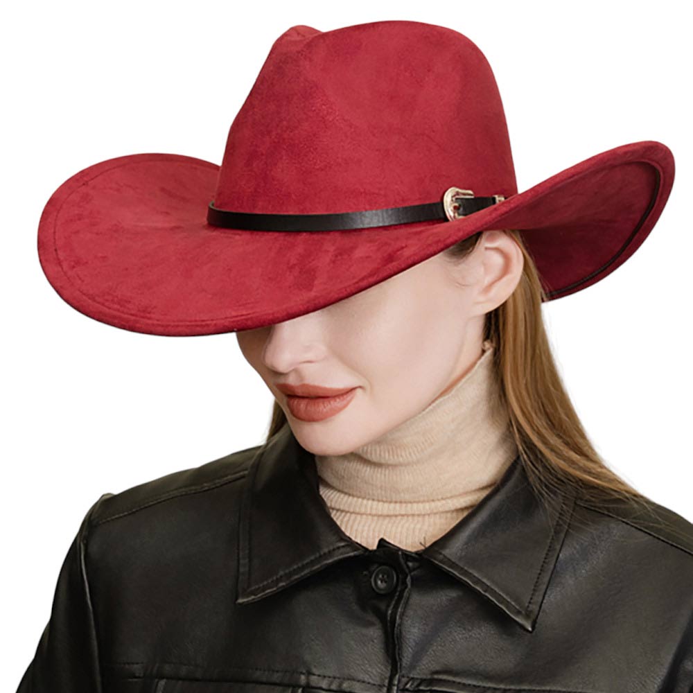 Burgundy Faux Leather Band Solid Cowboy Fedora Panama Hat, Look great in any setting with this hat. Featuring a smooth, classic design with a solid faux leather band and a western theme, this hat provides both timeless style and versatility. It's the perfect accessory for any casual or formal look.