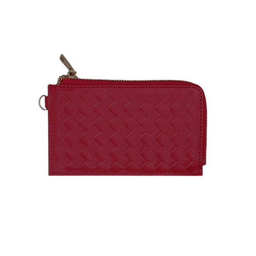 Faux Leather Basket Weave Flat Card Holder Wallet with Wristlet - Burgundy