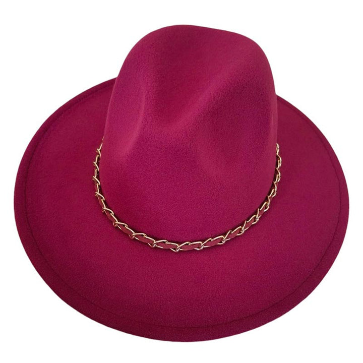 Burgundy-Faux Leather Braided Chain Band Pointed Fedora Hat offers a sleek and stylish accessory for any outfit. Made with high quality materials, the faux leather and braided chain band add a touch of sophistication to the classic pointed fedora shape. Upgrade your look with this trendy and durable hat.