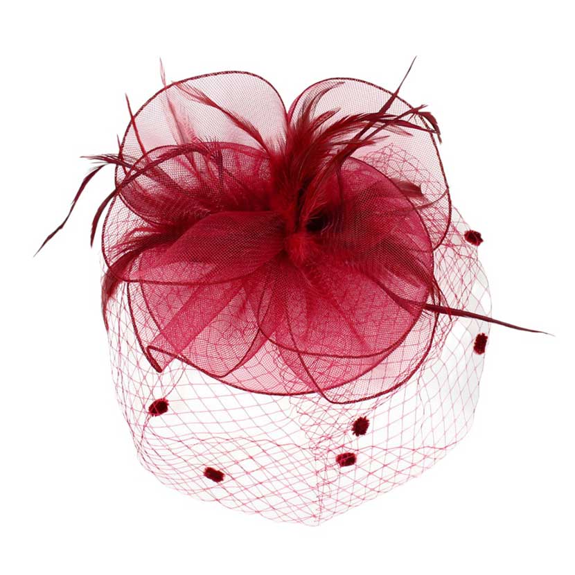 Burgundy Feather Mesh Flower Fascinator Headband, will take your outfit to the next level. Crafted with intricate mesh flowers, this accessory is perfect for adding a touch of elegance to your look. The feather detailing provides a unique texture, making it a piece of statement. Perfect for any occasion or as an exquisite gift.