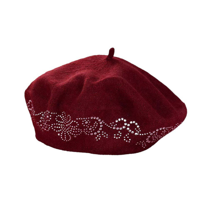 Burgundy-Flower Bling Studded Beret Hat, A stylish accessory for any outfit. With its floral design and studded accents, it adds a touch of elegance and glam to your look. Made with high-quality materials, it is durable and comfortable to wear. Perfect for any fashion lover.