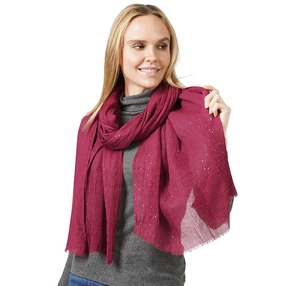 Burgundy Glittered Crinkle Scarf, this timeless glittered crinkle scarf is a soft, lightweight, and breathable fabric, close to the skin, and comfortable to wear. Sophisticated, flattering, and cozy. Look perfectly breezy and laid-back as you head to the beach. Perfect gift for birthdays, holidays, or fun nights out.