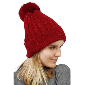 Burgundy Lurex Ribbed Knit Pom Pom Beanie Hat, wear this beautiful beanie hat with any ensemble for the perfect finish before running out the door into the cool air. An awesome winter gift accessory and the perfect gift item for Birthdays, Christmas, Stocking stuffers, holidays, anniversaries, Valentine's Day, etc.