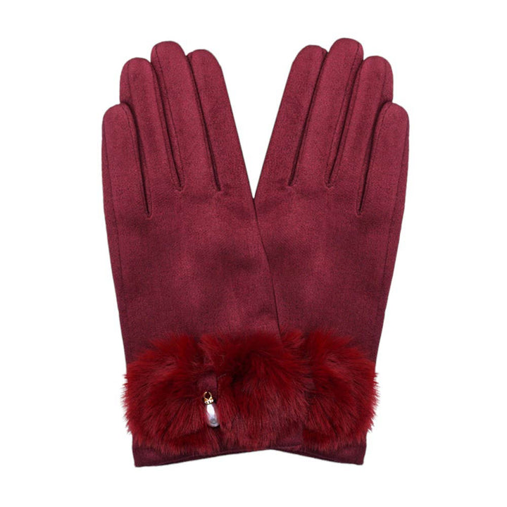 Burgundy-Pearl Pointed Fuzzy Bow Accented Smart Touch Gloves,  Designed with a classic pearl pointed bow. These gloves are not only stylish but also functional. With smart touch technology, you can easily use your touchscreen devices without having to take them off. Stay warm and connected all winter long.