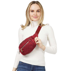 Burgundy Quilted Multi Pocket Sling Bag Fanny Pack Belt Bag, be the ultimate fashionista when carrying this pocket sling bag fanny pack belt bag in style. This fanny pack for women could keep all documents, phones, Travel, Money, Cards, keys, etc. It can be thrown over the shoulder, across the chest around the waist.