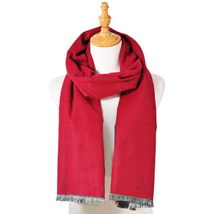 Burgundy Reversible Frayed Oblong Scarf, Wrap yourself in style and warmth with this beautiful scarf. Crafted with sumptuous, lightweight fabric, this versatile scarf can be worn in two ways. A perfect winter accessory for wardrobe staples makes it perfect for gifting as a winter gift to any close person or treating yourself.