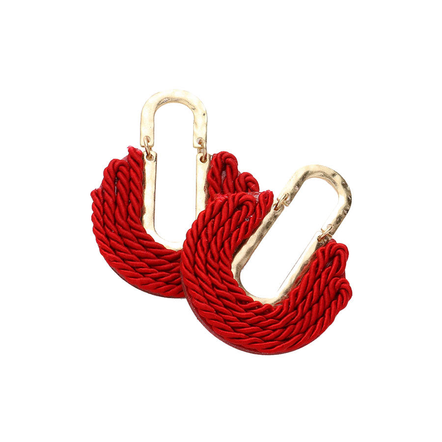 Burgundy-Rope Embellished Abstract Earrings, Unique and modern design that is sure to elevate any outfit. The intricate rope detailing adds a touch of elegance, while the abstract shape makes a bold statement. Made with high-quality materials, these earrings are lightweight and comfortable for all-day wear. 