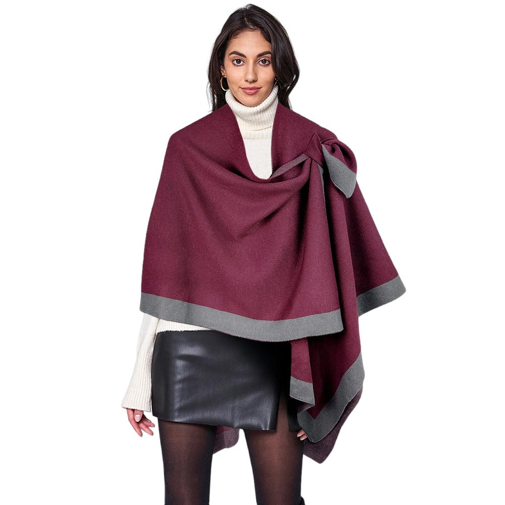 Black Shoulder Strap Bordered Ruana Poncho, is beautifully designed and will absolutely accent your outlook to a greater extent and keep you warm and comfortable on cold days. It goes with every winter outfit and gives you a beautiful outlook everywhere. Perfect Gift for Wife, Mom, Birthday, Holiday. Happy Winter!