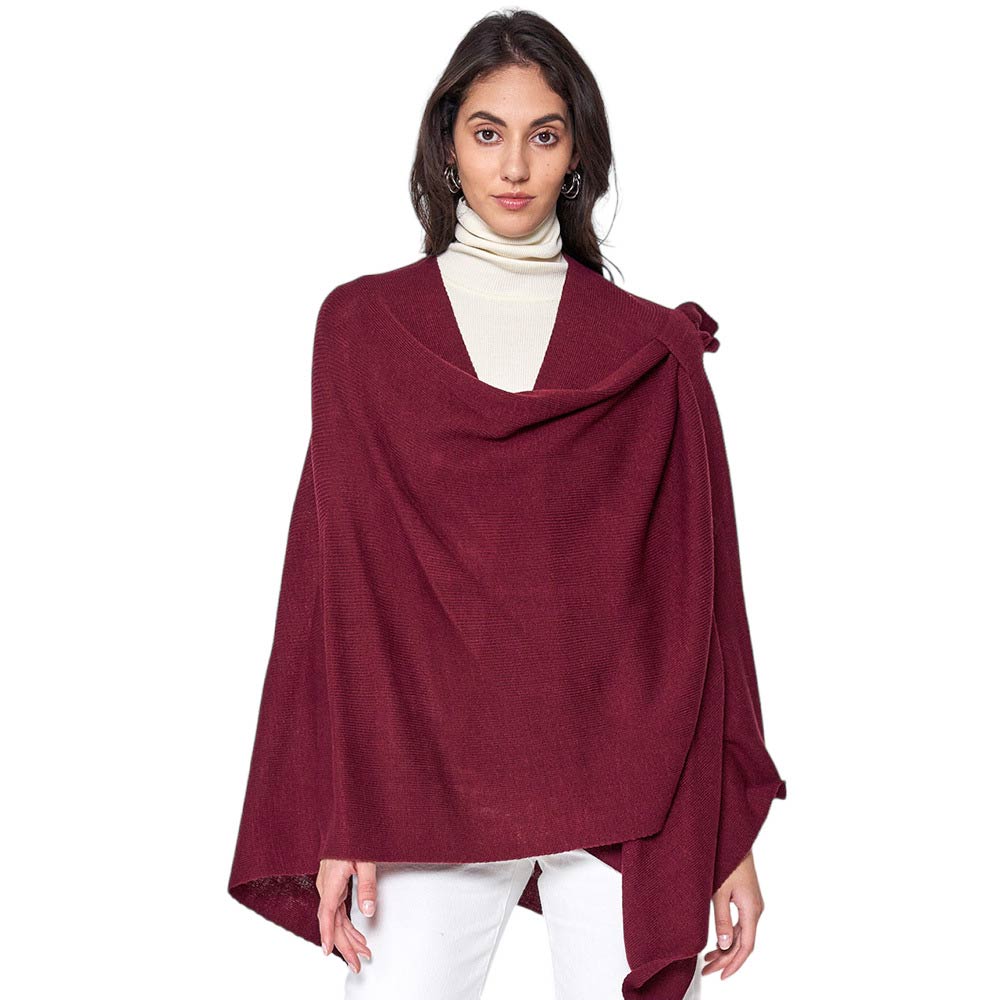 Burgundy shoulder Strap Solid Ruana Poncho, with the latest trend in ladies outfit cover-up! the high-quality bling border solid neck poncho is soft, comfortable, and warm but lightweight. Stay protected from the chilly weather while taking your elegant looks to a whole new level with an eye-catching, luxurious outfit women!