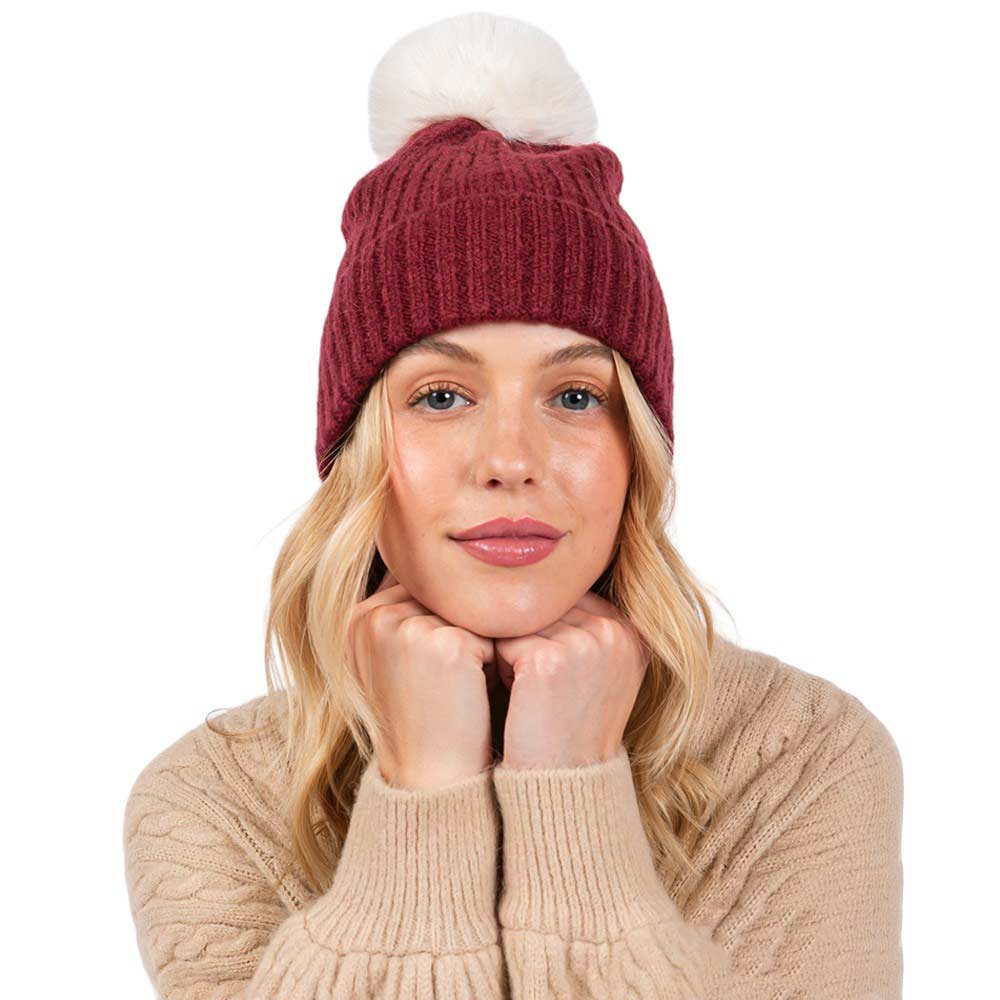 Burgundy-Solid Color Pom Pom Two Tone Beanie Hat, Made from high-quality materials, this hat features a soft and cozy pom pom detail and a two-tone design. Perfect for any cold weather outfit,this hat is a must-have for your winter wardrobe.Ideal for travelers who are on vacation or just spending some time in the great outdoors