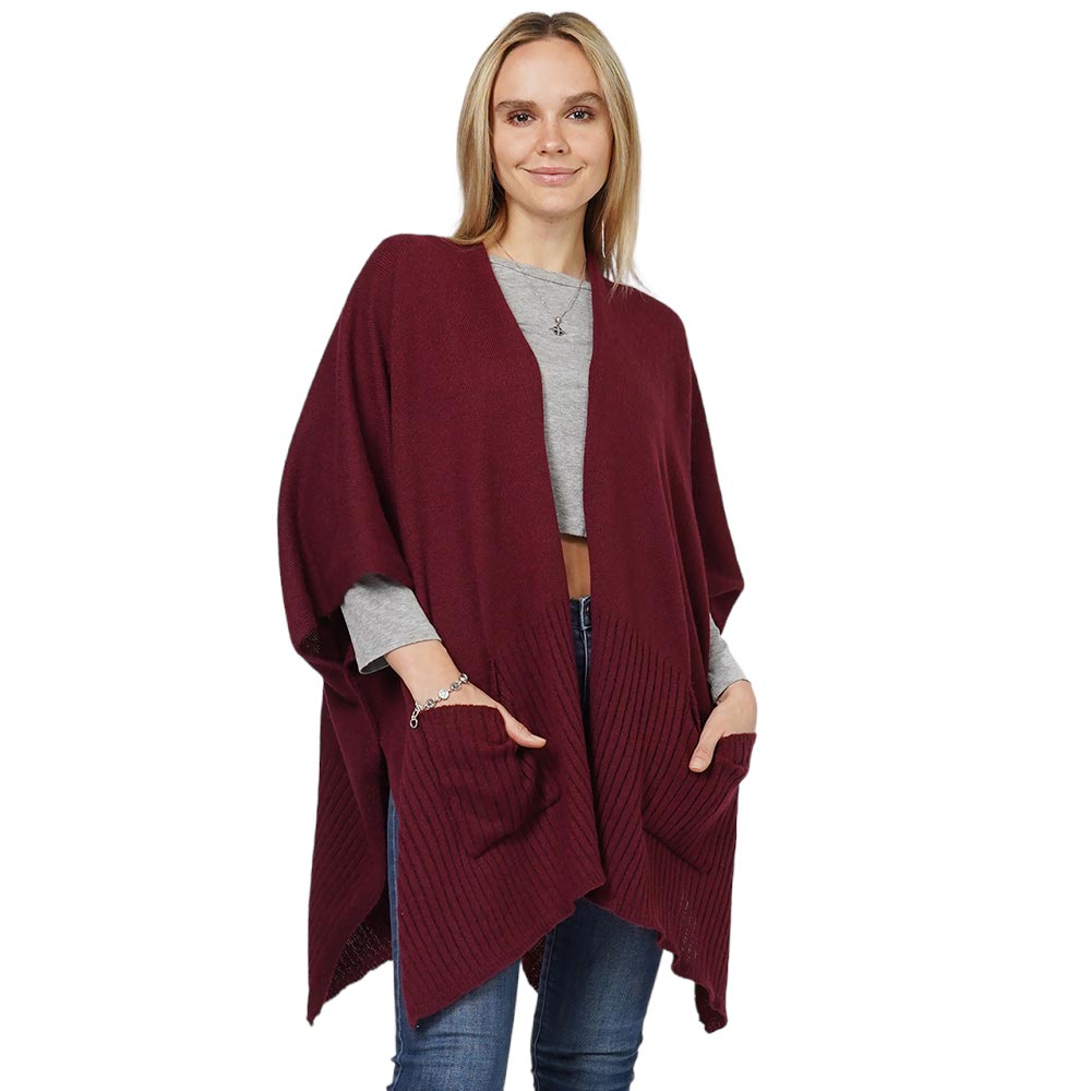 Burgundy Solid Knit Front Pockets Vest Poncho, With the latest trend in ladies' outfit cover-up! the high-quality knit poncho is soft, comfortable, and warm but lightweight. It's perfect for your daily, casual, party, evening, vacation, and other special events outfits. A fantastic gift for your friends or family.