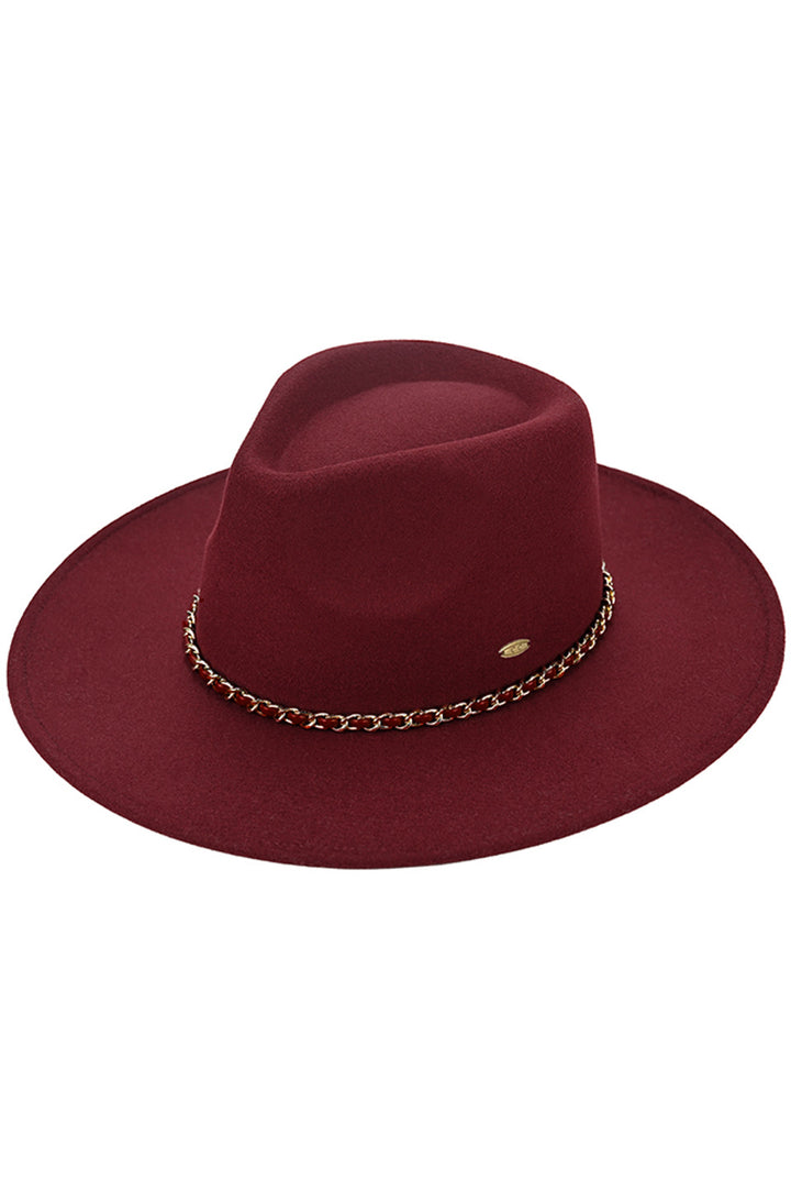 Burgundy C.C Chain Trim Band Vegan Felt Panama Hat is a stylish and sustainable accessory. Made with vegan felt, it features a trendy chain trim band for added flair. Protect your skin from the sun while making a fashion statement.