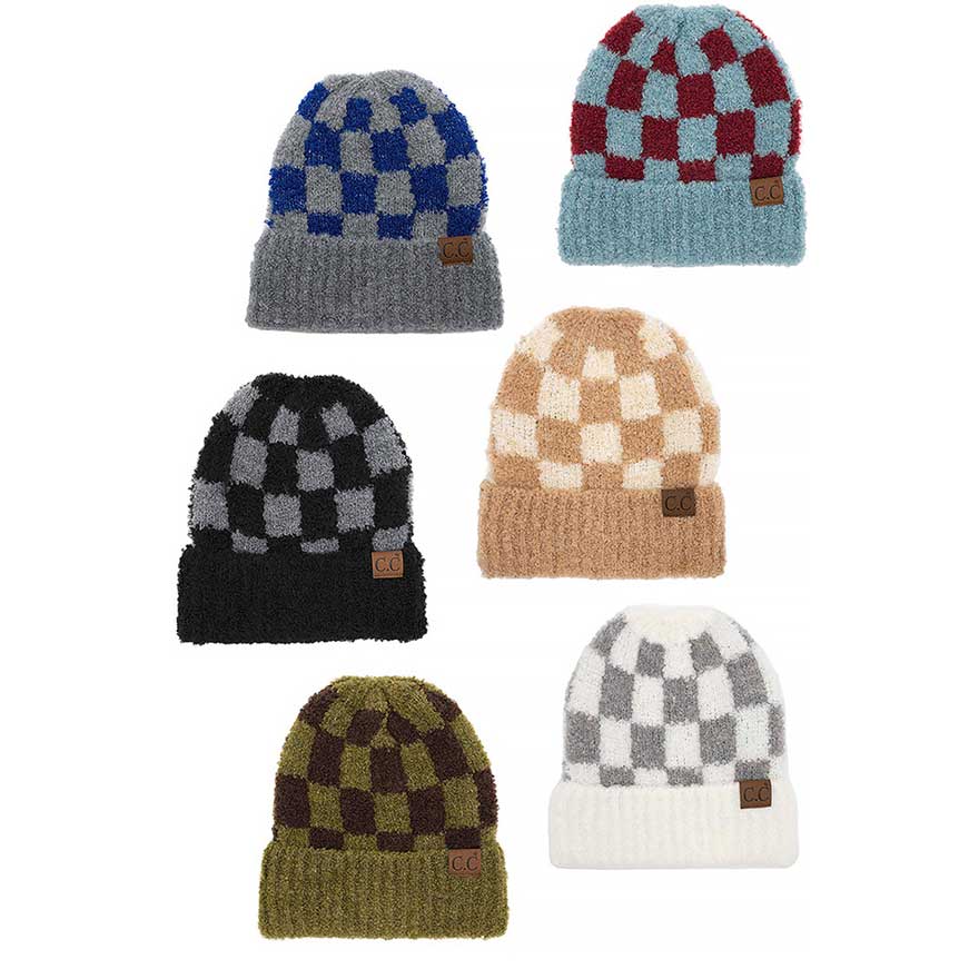 C.C Checkered Pattern Boucle Cuff Beanie, stay warm and fashionable with this stylish beanie. The soft boucle accent adds a delightful touch of fun to any outfit. Awesome winter gift accessory for birthdays, Christmas, holidays, anniversaries, or Valentine's Day to your friends, family, and loved ones.