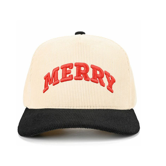Black The C.C MERRY Bold Letter Embroidered Christmas Theme Corduroy Trucker Hat Baseball Cap features bold “MERRY” embroidery on a soft corduroy front for a festive, eye-catching style. Designed with a breathable mesh back and adjustable snap closure, it offers comfortable, lightweight wear and a customizable fit.