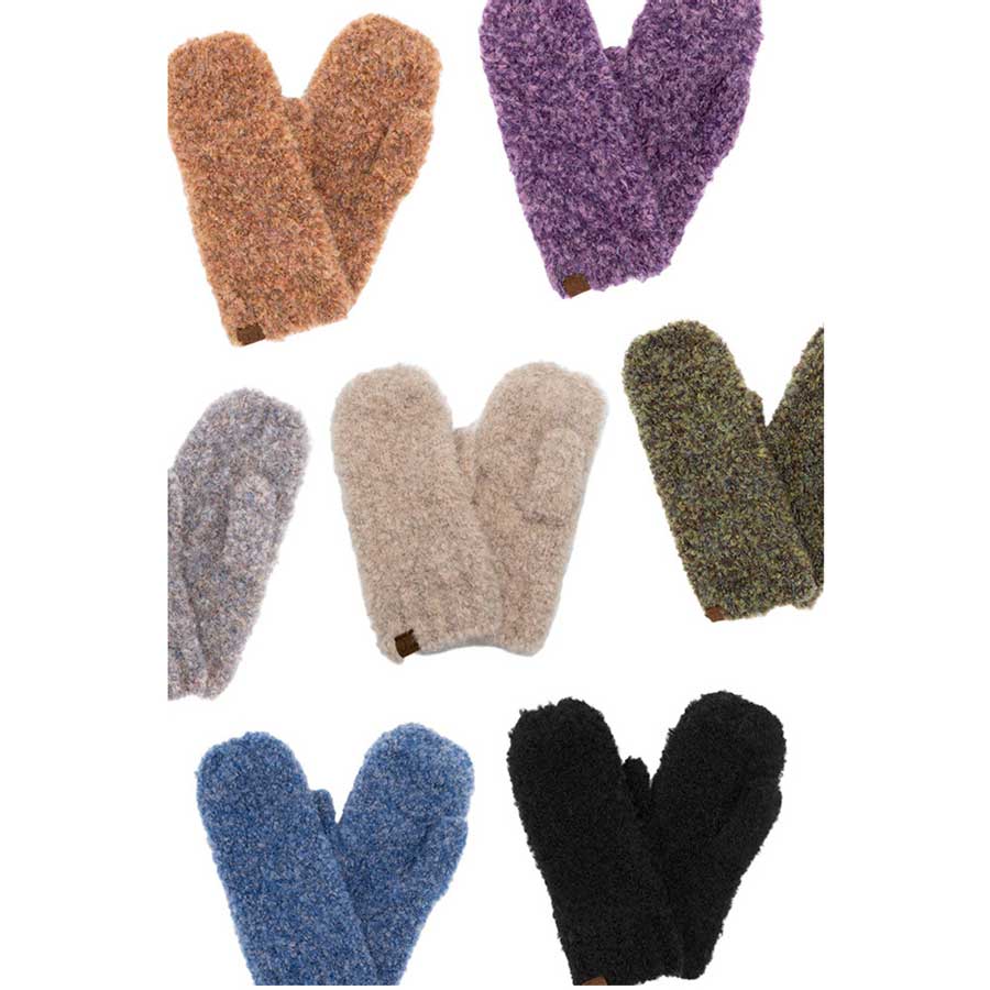 C.C Mixed Color Boucle Mittens. Stay warm in style with these mittens. These gloves are designed with a luxuriously soft boucle yarn and feature a classic ribbed cuff. They come in three stylish colors and offer a great fit with superior breathability and warmth.