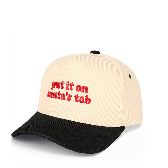Black The C.C “PUT IT ON SANTA’S TAP” Letter Embroidered Christmas Theme Corduroy Trucker Hat Baseball Cap features playful holiday-themed embroidery on a soft corduroy front for a festive, standout style. Designed with a breathable mesh back and adjustable snap closure, it offers comfortable, lightweight wear and a customizable fit.