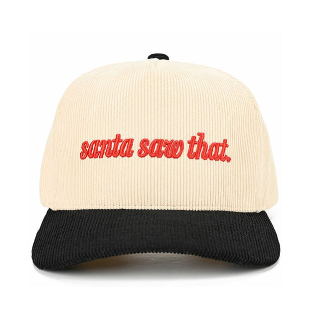 Black The C.C “SANTA SAW THAT” Letter Embroidered Christmas Theme Corduroy Trucker Hat Baseball Cap features playful holiday embroidery on a soft corduroy front for a festive, standout look. Finished with a breathable mesh back and adjustable snap closure, it offers comfortable, lightweight wear with a customizable fit.