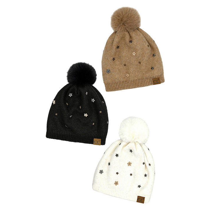 C.C Star Stud Pom Beanie, is perfect for winter weather. It's the perfect winter touch you need to finish your outfit in style. Awesome winter gift accessory for Birthday, Christmas, Stocking Stuffer, Secret Santa, Holiday, Anniversary, or Valentine's Day to your friends, family, and loved ones.