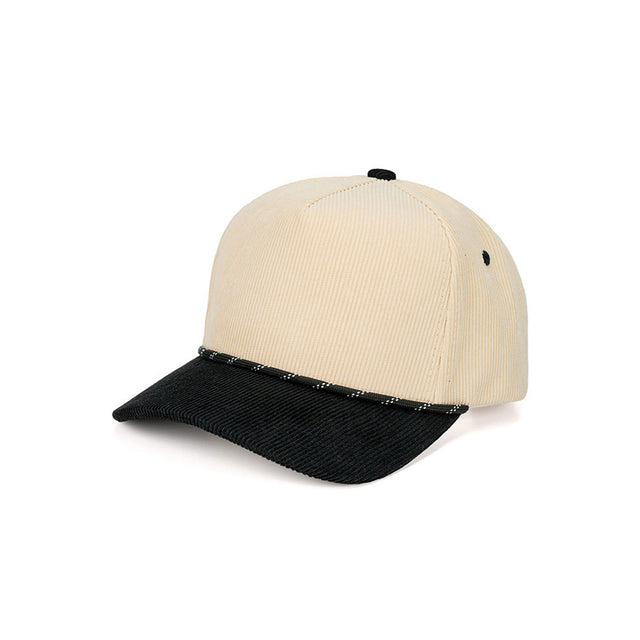 Black The C.C Two-Tone Rope on Two-Tone Corduroy Trucker Hat Baseball Cap showcases a textured corduroy front with a contrasting rope accent for a trendy, retro-inspired style. Finished with a breathable mesh back and adjustable snap closure, it offers lightweight comfort and an easy, customizable fit for everyday wear.