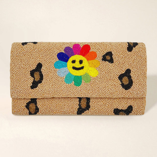 Madeline Love Leopard Smile Flower Accented Leopard Patterned Seed Beaded Clutch / Crossbody Bag - Bags & Wallets