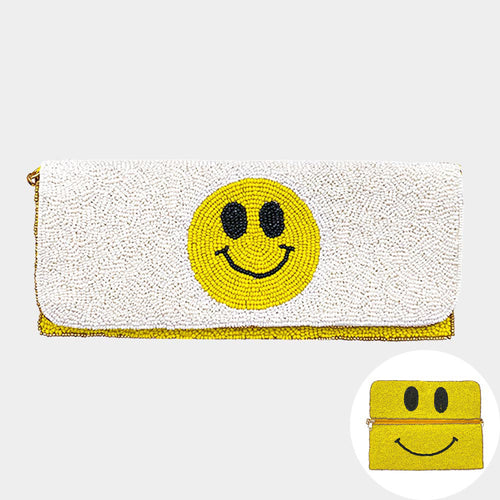 Seed Beaded Smile Clutch / Shoulder Bag - White