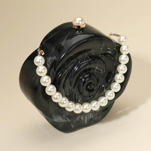 Pearl Beaded Handle Rose Clutch Bag Crossbody Bag - Black
