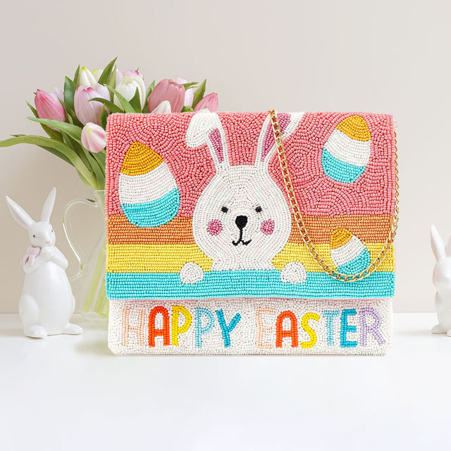 Madeline Love Multi HAPPY EASTER Message Seed Beaded Easter Bunny Clutch / Crossbody Bag - Bags & Wallets