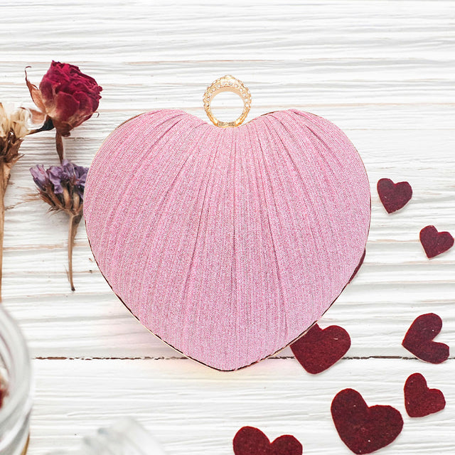 Sparkle Fabric Heart Fold Clutch / Evening Bag / Crossbody Bag - Pink - Crossbody Bags
