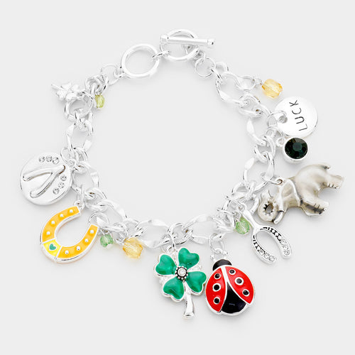 Enamel Luck Multi Charm Charm Toggle Bracelet - Antique Silver, Multi
