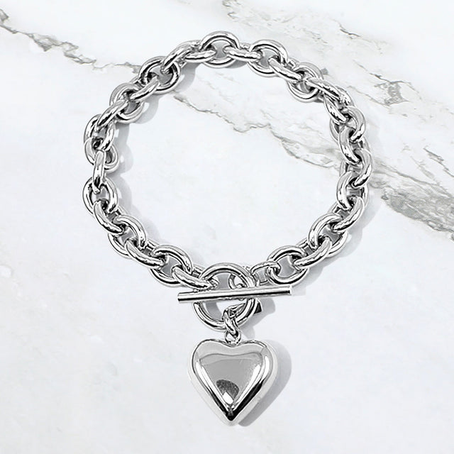 Madeline Love Rhodium Stainless Steel Puffy Heart Charm Toggle Bracelet - Bracelets
