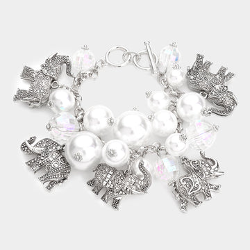Madeline Love Rhodium Metal Elephant Charm Station Pearl Cluster Toggle Bracelet - Bracelets