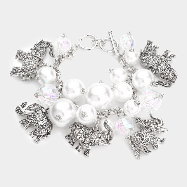 Madeline Love Rhodium Metal Elephant Charm Station Pearl Cluster Toggle Bracelet - Bracelets
