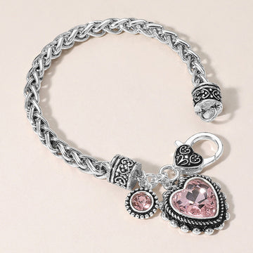 Madeline Love Antique Silver, Pink Heart Stone Charm Bracelet - Bracelets