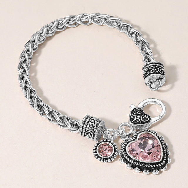 Madeline Love Antique Silver, Pink Heart Stone Charm Bracelet - Bracelets
